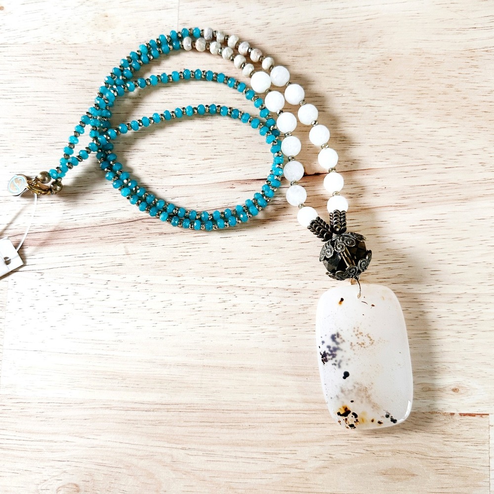 Southwestern Scenic Dendritic Agate Pendant Beaded Necklace Fabulina Designs NWT
